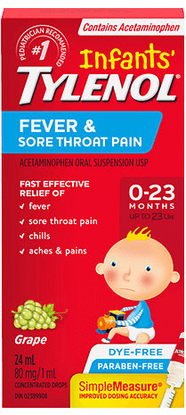 Infants' TYLENOL® Fever & Sore Throat Pain, Acetaminophen Oral Suspension USP, Grape Flavour, 24ml