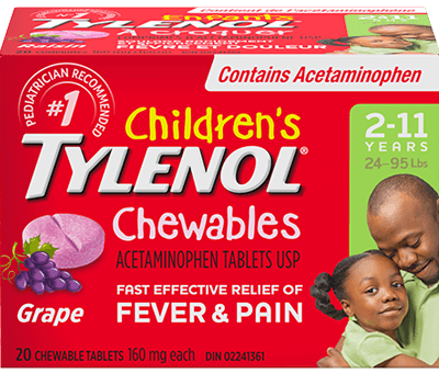Front shot of Children’s TYLENOL® Chewables Acetaminophen tablets for Fever and Pain, 20 count.
