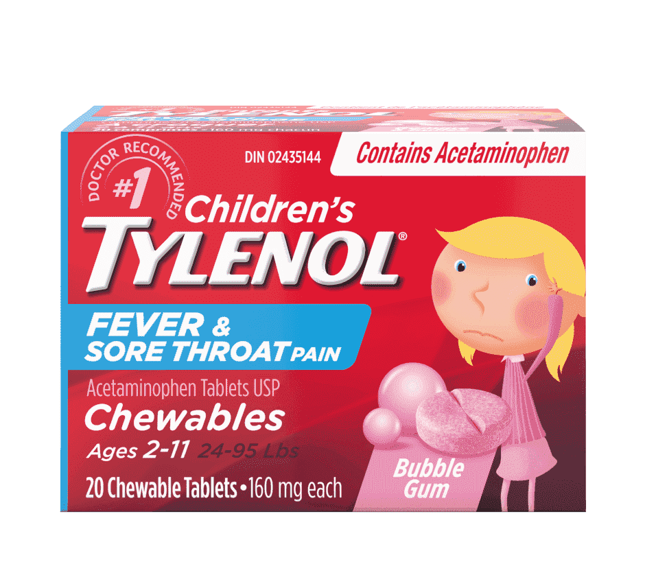 Children’s TYLENOL® Fever & Sore Throat Pain, Bubble Gum, 20 chewable tablets