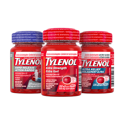 Three bottles of Tylenol Rapid Release, Extra Strength, and Ultra Relief