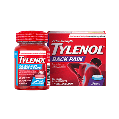 A bottle of TYLENOL® Muscle and Body caplets, 110 count and a packet of TYLENOL® Back Pain Caplets, 18 count
