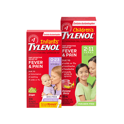 Two packets of Infants' and Children's TYLENOL® Fever and Pain Products
