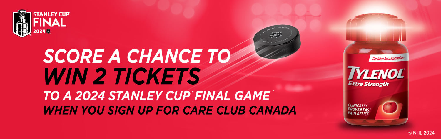 Banner including 2024 Stanley Cup® Final Logo with a hockey puck and TYLENOL® Extra Strength Product Bottle