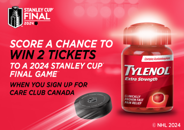 Banner including 2024 Stanley Cup® Final Logo with a hockey puck and TYLENOL® Extra Strength Product Bottle
