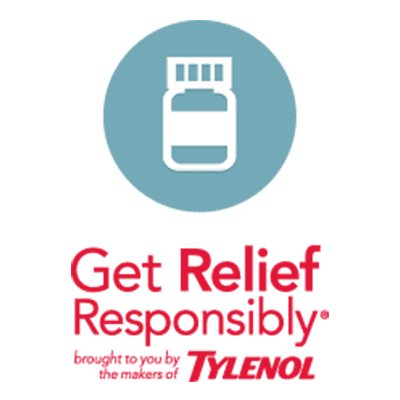 TYLENOL® statement ‘Get Relief Responsibly® brought to you by makers of Tylenol' with a bottle icon.