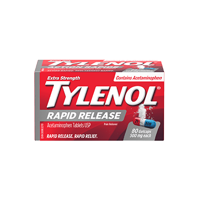 A packet of Extra Strength TYLENOL® Rapid Release Gels, 80 count, 500 mg each.